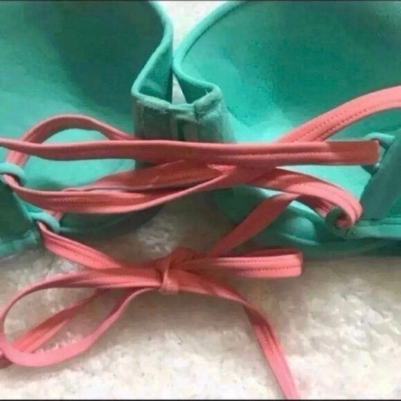 NWT Aerie Bikini Top 34C Blakely Lace Up Back Mint Green / Pink Swim AEO AE - Picture 4 of 7